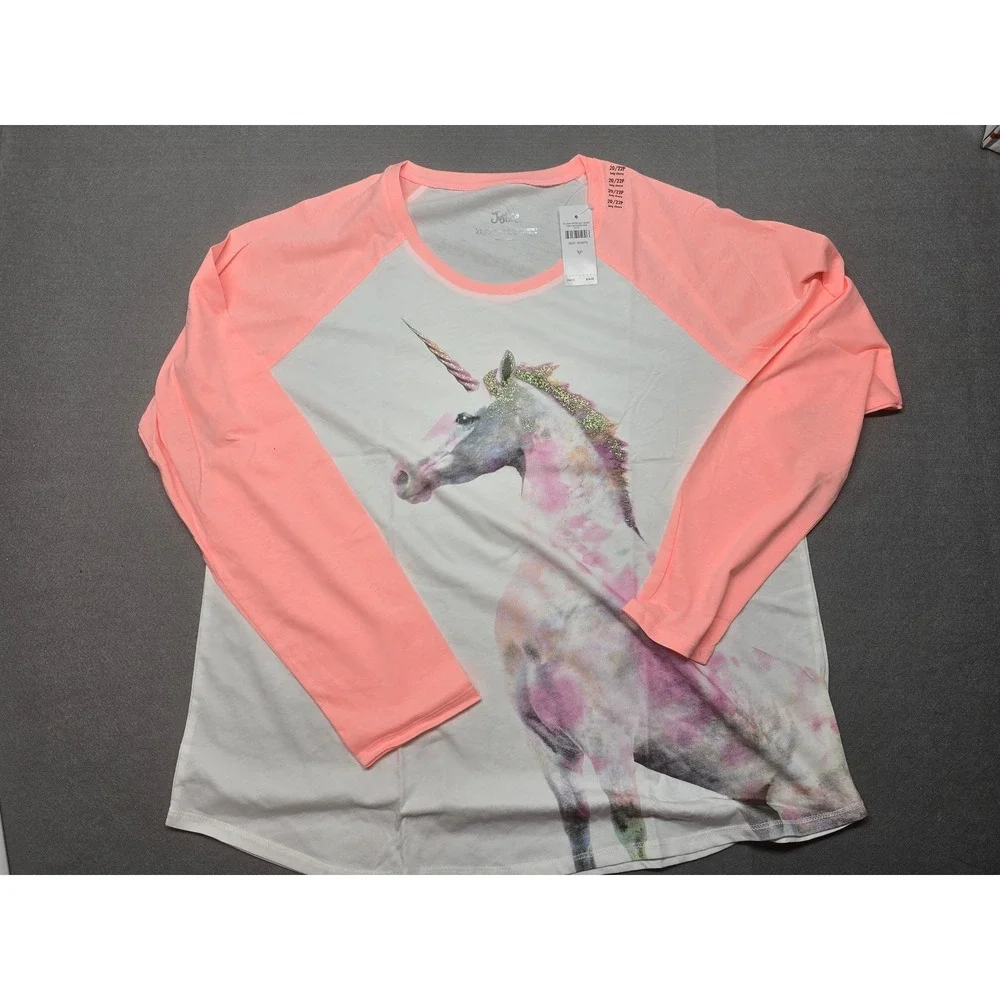 Justice Girls Unicorn Raglan Long Sleeve T-Shirt White Peach Plus Size 20/22PL